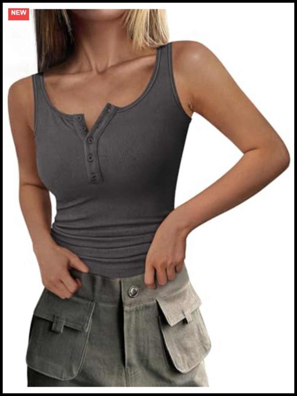 Sleeveless Henley Tank Top Button Up Slim Fit Knit Summer Basic Tee